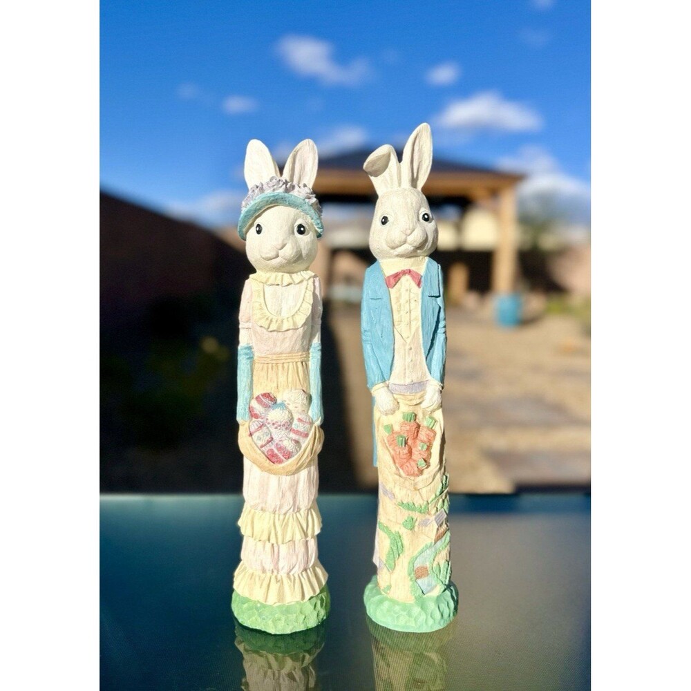 VTG Bunny Pencil 2 Figurines 12" Alice Apron Eggs & Chris Carrots Easter Decor
